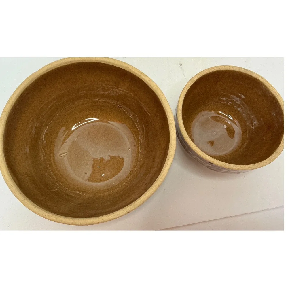 Vintage Mixing Bowls Set of 2 Basket Weave Brown Stoneware 7in 5in USA